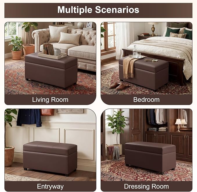 32" Leather Storage Ottoman Bench, Rectangle Foot Rest Stool for Living Room, Bedroom, Entryway, Brown