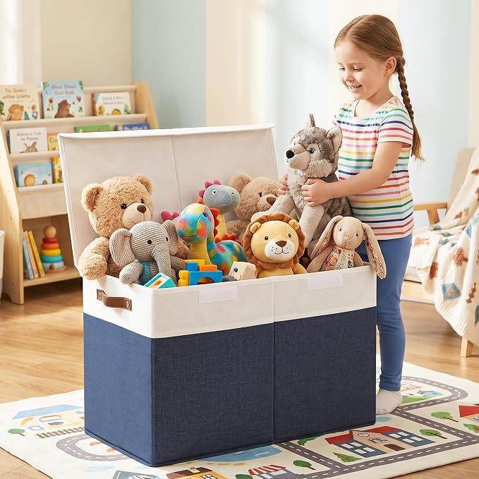 Bagnizer Large Toy Storage Box with Lids, Collapsible Sturdy Baby Storage Organizer Chest Bin Basket for Kids, Boys, Girls, Playroom, Nursery, Bedroom, Closet 25"x13"x16" (Navy Blue and White)