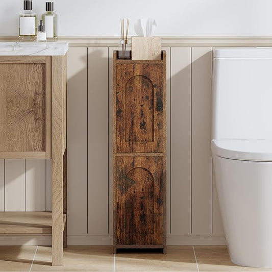 Hzuaneri Bathroom Storage Cabinet, Small Corner Floor Cabinet with 2 Doors | Narrow Toilet Paper Cabinets with Adjustable Shelf, Bathroom Organizer for Small Spaces, 7.9"D x 7.9"W x 29.5"H Rustic Brown