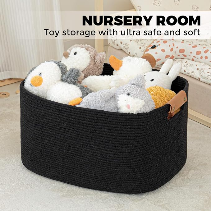 danpinera Large Woven Basket, 108 L Blanket Basket for Living Room, Nursery Bin for Toys Organizing & Laundry, Cotton Rope Hamper with Leather Handle, 25’’*16’’*16’’ Black