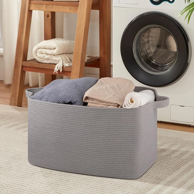 OIASKET Extra Large Blanket Basket, 24" x 16.9" x 14.2" Woven Storage Basket for Living Room, Rectangle Nursery Blanket Storage for Toys, Towels, Dirty Clothes (Light Grey)