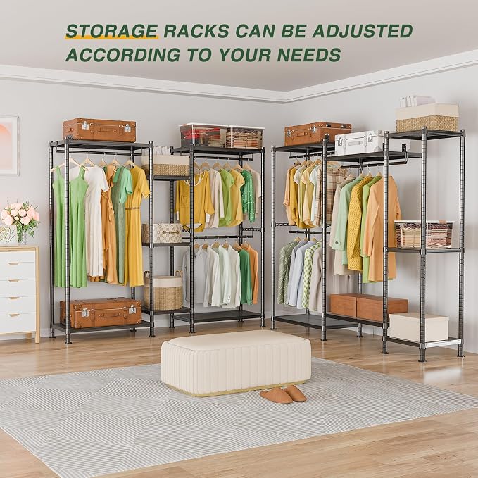 LEHOM G6 Clothes Rack, Heavy Duty Freestanding Garment Rack with Shelves | Metal Clothing Closet Wardrobe Storage System for Hanging Clothes (7 Shelves), 76.8"D x 17.7"W x 74.4"H, Hold 800 lbs, Black