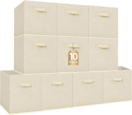 STORAGE MANIAC Storage Cubes, 13 Inch Collapsible Storage Bins with Handles, 10 Pack Fabric Foldable Bins for Organization, Durable Storage Bins for Closet, Shelves, Offices, 10-Pack Beige