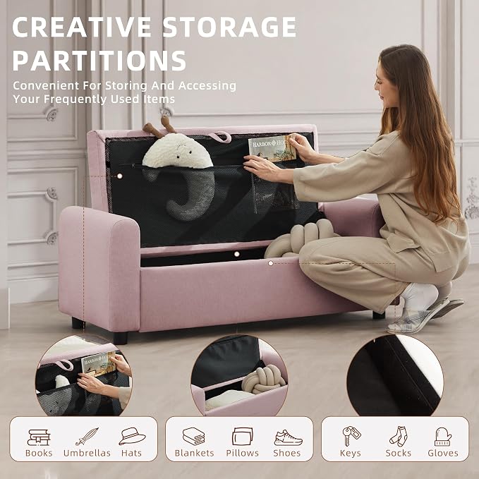 48" Ottoman with Storage, Tufted Storage Ottoman Bench, Convenient Living Room Fabrics Bench Seat, Entryway Shoe Benches with Inner Zipper & Arm, Rivetless Upholstered Window Seat Ottomans, Pink