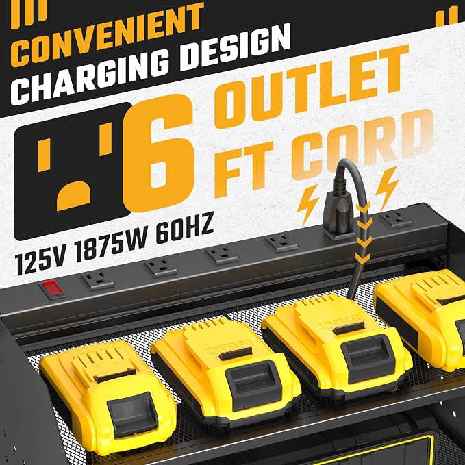 Power Tool Organizer Wall Mount 3 Layer Charging Station with 6 Outlets | Heavy Duty Tool Holder Storage Shelf Rack for Garage, Workbench and Workshop, Black, 4 Drill Holders and Drill Bit Rack,Black