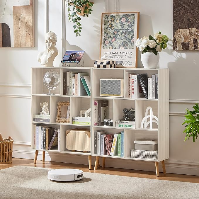 LEYAOYAO Cube Bookshelf, Mid-Century Modern Book Shelf with Legs,Light Grey | 3 Tier Bookcase, Rustic Wood Bookshelves Freestanding Small Storage Organizer, Open Shelves for Bedroom, Living Room, Office