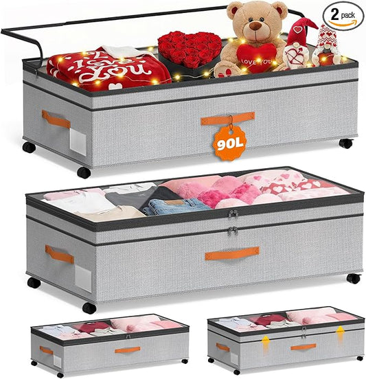 Under Bed Storage with Wheels, 35.5 inches Underbed Storage Large Capacity Under Bed Rolling Containers, 2 Pack Under the Bed Storage for Clothes, Shoes, Blankets (Deep Gray)