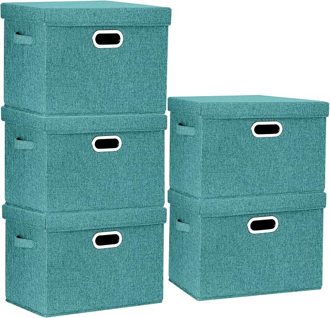 Large Storage Bins with Lids, Collapsible, Washable, Fabric Storage Boxes for Organizing, 17.3x11.8x11.4 inches, 5 Pack, Aqua Deep