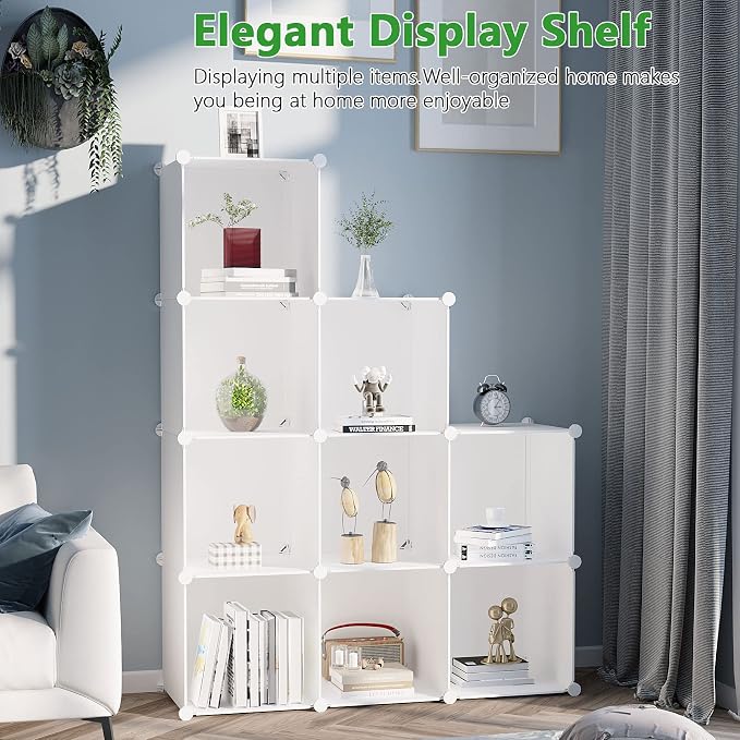 C&AHOME Cube Storage Organizer, 9-Cube Bookcase, Closet Cabinet Milky | DIY Stackable Bookshelf, Plastic Modular Shelving Units Ideal for Home, Office, Kids Room, 36.6" L x 12.4" W x 48.4" H