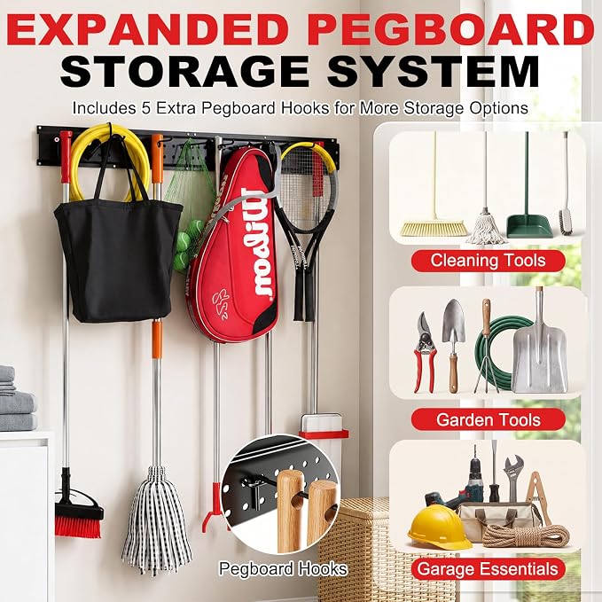 Garage Tool Organizer Wall Mount 49.5 inches with 10 Adjustable Heavy-Duty Hooks, Garage Organization, Garden Tool Storage Rack, Yard, and Shed, Holds Up to 400 lbs