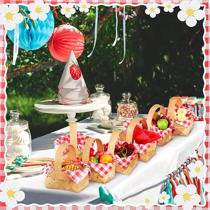 36 Pcs Summer Mini Woven Picnic Basket Party Favor Red White Gingham Paper Napkins Wood Chip Mini Flower Fruit Picnic Basket Chip for Summer Wedding Party Baby Shower Decoration (Small)