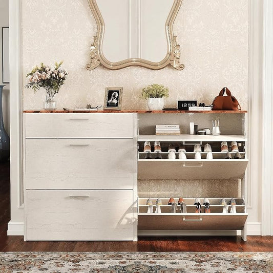 VINGLI Set of 2 Rustic White Shoe Cabinet for Entryway, 2-Pack 31.5" W Extra Wide Slim Shoe Organizer with Vintage Brown Top, Modern Farmhouse Wood Shoes Rack, Narrow Freestanding Cabinet for Hallway