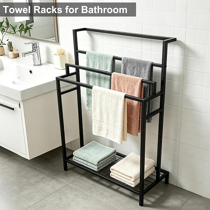 Standing Towel Rack with Shelf, 4-Tier Freestanding Towel Rack with Extra Storage Space, Stable Base Bath Blanket Holder for Bathroom, Laundry Room – Holds Towels, Blankets, Scarves, Matte Black