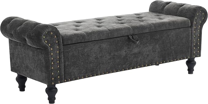 55" Storage Bench for Bedroom, Upholstered Ottoman Bench, Chenille DarkGray | End of Bed Bench for Bedroom, Window Benches for Living Room, Entryway, Ottoman with Large Storage Space, Pet Friendly