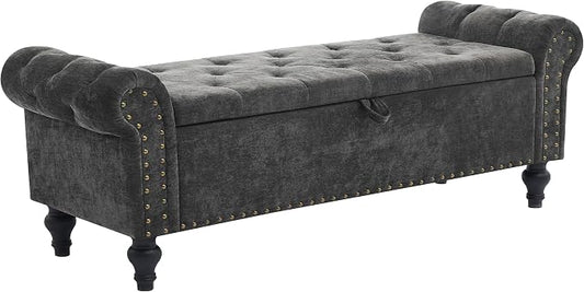 55" Storage Bench for Bedroom, Upholstered Ottoman Bench, Chenille DarkGray | End of Bed Bench for Bedroom, Window Benches for Living Room, Entryway, Ottoman with Large Storage Space, Pet Friendly