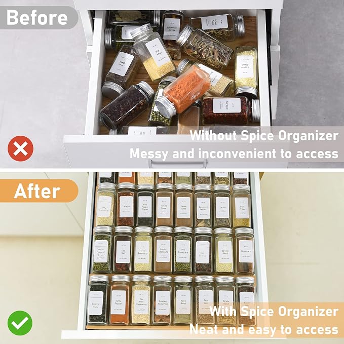 Spice Drawer Organizer with 35 Spice Jars,216 Labels,25 Non-slip Rubber, Bamboo 4 Tier Seasoning Rack Tray Insert for Kitchen Drawers,Cabinets,Countertop,14.6" Wide x 15.8" Deep