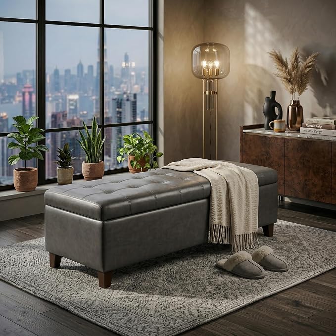 Ottoman with Storage 51 Inch End of Bed Storage Ottoman Bench | Faux Leather Upholstered Ottomans with Hinged Lid, Rectangle Long Foot Rest Bench for Entryway Living Room Bedroom Gray