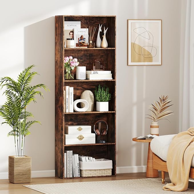 Giantex 5-Tier Bookshelf Set of 2, Freestanding Bookcase with 5 Open Shelf, Modern Display Shelf, Storage Organizer for Living Room Bedroom Home Office, Rustic Brown