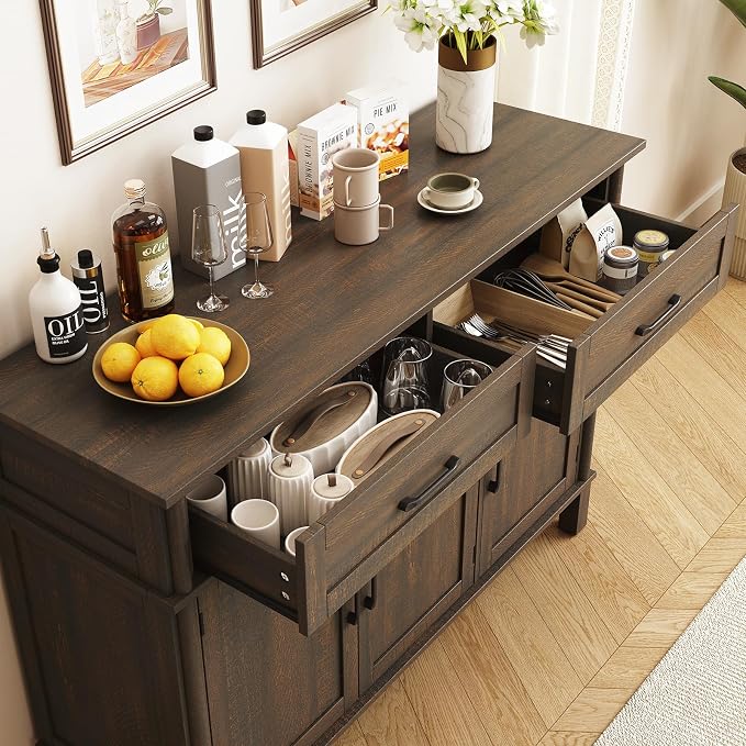 48 Inch Buffet Cabinet with Storage, Farmhouse Sideboard Buffet w/2 Drawers and 3 Doors, Wood Coffee Bar Cabinet with Adjustable Shelves, Sideboard Storage for Kitchen, Living Room, Brown