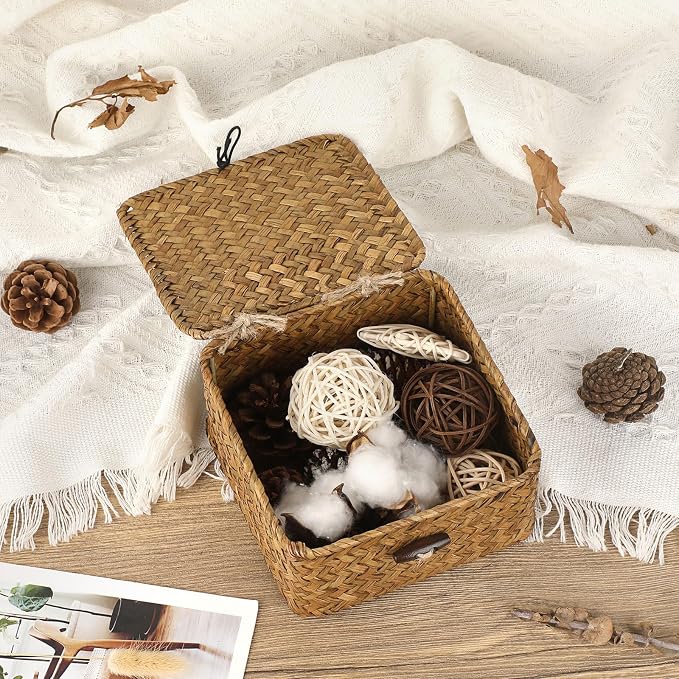 Hipiwe Wicker Shelf Basket Bin with Lid X-small Square Seagrass Storage Box | Handwoven Baskets Bin Boxes Multipurpose Household Organizer for Shelves Home Decor, Caramel Color