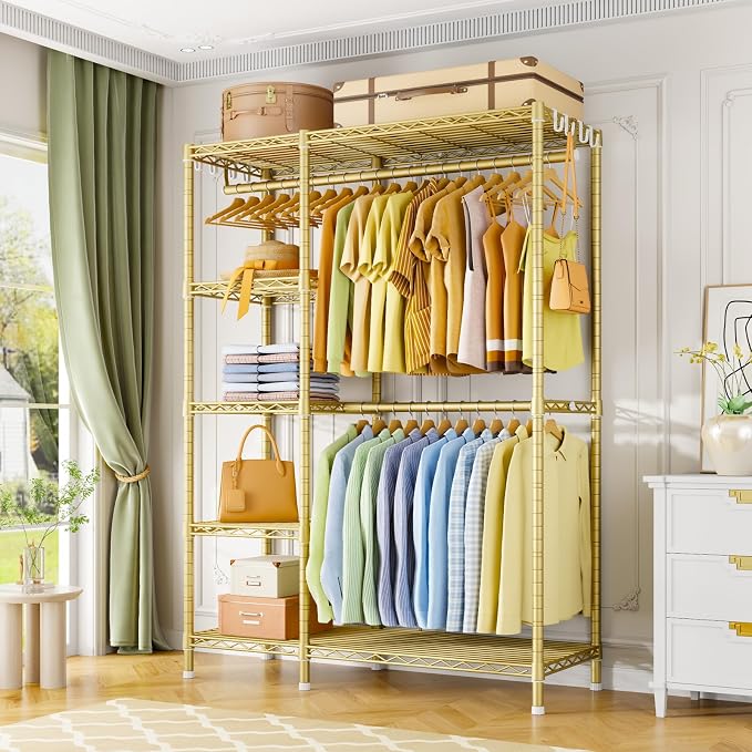 F2 Clothes Rack, 5 Tiers Heavy Duty Garment Rack for Bedroom | Freestanding Adjustable Closet Storage Organizer, Portable Clothing Wardrobe, 46.1"W x 15.4"D x 78.3"H, Load 630lbs, Gold