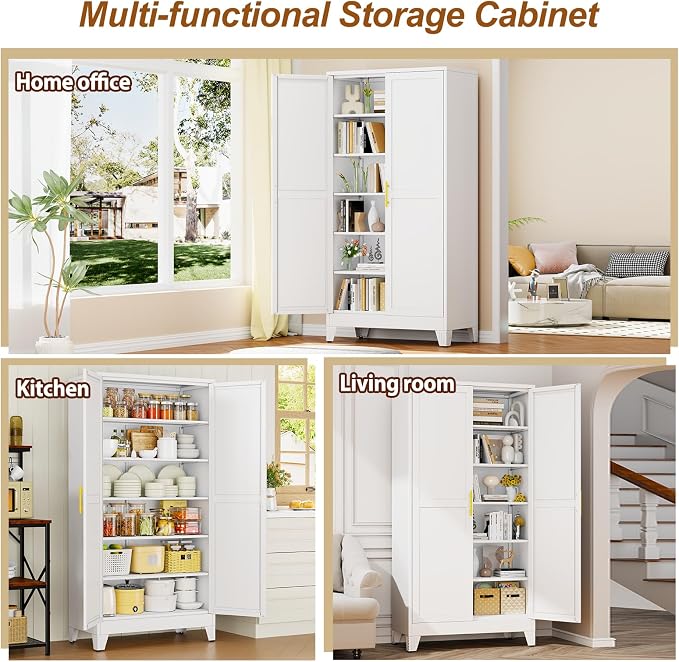 79" White Tall Metal Storage Cabinet with 2 Doors and 5 Adjustable Shelves,Steel Garage Tool Cabinet, File Cabinet,Kitchen Pantry Cabinet for Home,Office,Garage,School,Warehouse