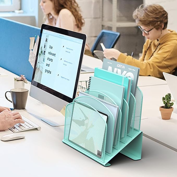 Delifox Inclined Desk File Organizer,Vertical File Folder Holder Stand Metal Rack File Sorter for Office Classroom Desktop Organization (2, Aqua, 5)