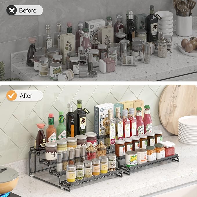2 Pack Spice Rack Organizer for Cabinet, 4 Tier Black Seasoning Organizer Rack for Inside Cabinets, Countertop, Pantry Storage