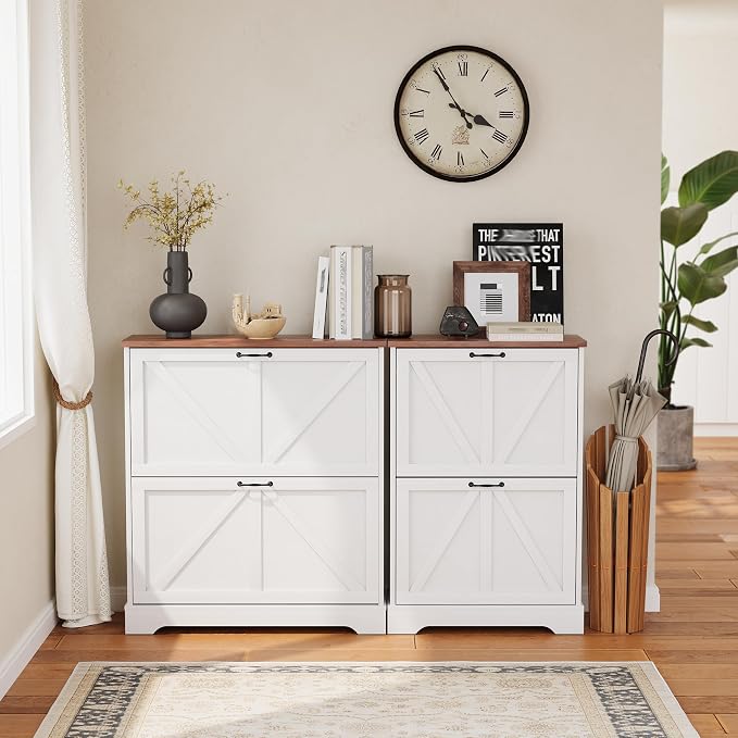 Semiocthome Farmhouse Shoe Storage Cabinet with 2 Flip Drawers, 31.5"(W) Freestanding Shoe Organizer with Barn Door and Metal Handles for Entryway, Rustic Narrow Slim Shoe Rack Cabinet - White