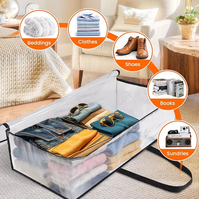TasticTotes 4 Pack Clear Storage Bags for Comforter, 90L Long | Plastic Blanket Storage with Zipper & Handle, Foldable Moving Bags, Closet Organizer and Under-Bed Storage Containers