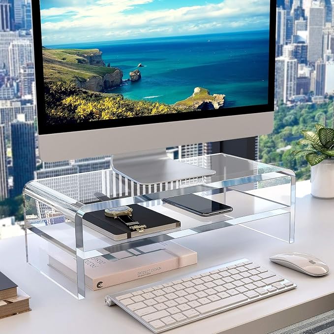 Egchi Acrylic Monitor Stand,2 Tiers Computer Monitor Riser(18x8x5.5 inches),Computer Stand/Monitor Riser for Office,School,Home,Laptop Stand Desktop Stand for Keyboard Storage&Printer TV Screen | Computer Stand, Monitor Riser, for Office,School,Home,La...