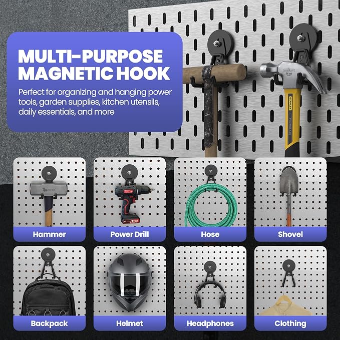 Extra Large Heavy Duty Magnetic Hooks, Large Strong Magnet Hooks, Industrial Magnetic Hooks With Anti-Slip Coating, Magnetic Utility Hooks For Garage, Workshop & Garden Tools Organization (4Pcs Black)