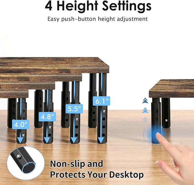 Adjustable Monitor Stand Riser for Desk, Computer & Laptop Stand, Desk Organizers and Accessories, Office Desk Accessories & Workspace Organizer for Home Office, Brown Wood 2-Pack