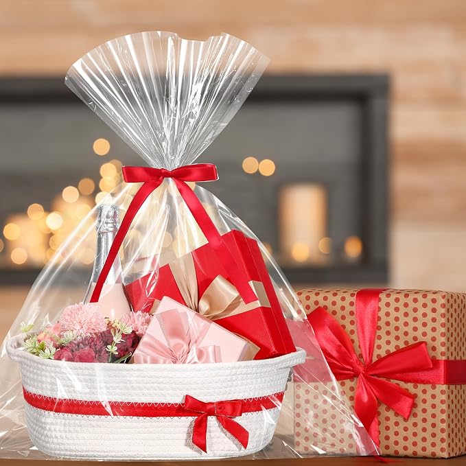 Colingmill 1 Set Woven Empty Basket for Gift,White Red | with Cellophane Wrap Set, 14 x 10 x 5.5 Inch, Medium Decorative Gift Basket, Cotton Rope Storage Box, Home Decor