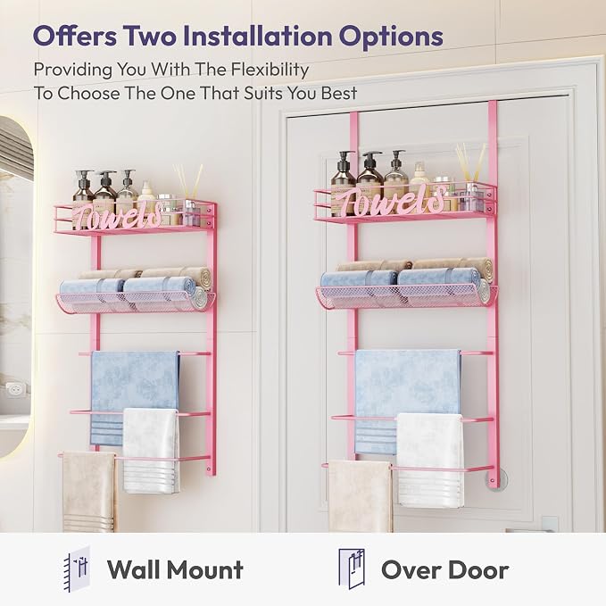 SWTYMIKI SWTYMIKI Over the Door Towel Racks for Bathroom - 5-Tier Wall Mounted Bathroom Towel Storage Organizer Holder with Metal Shelf, Pink