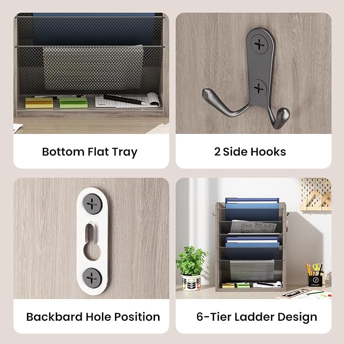 Mail Organizer Wall Mounted, 6-Slot Hanging File Organizer with Key Holder | Mail Sorter, Wood Letter Holder for Envelopes Bills Magazine Folders Papers Accessories for Home Office, Greige