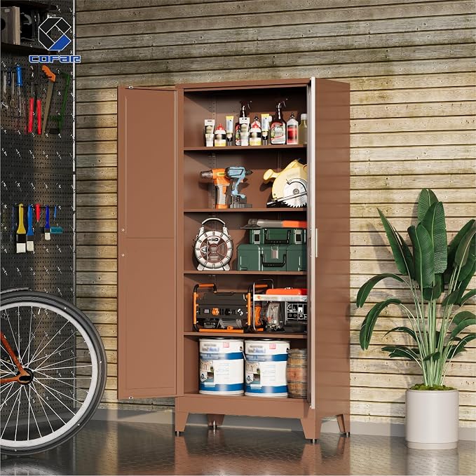 COFaR Metal Pantry Cabinet with Doors, Farmhouse 71'' Tall Storage Cabinet with 4 Adjustable Shelves, Kitchen Pantry Cabinet for Dinning Room, Garage, Laundry, Bathroom, Brown 5-Tier