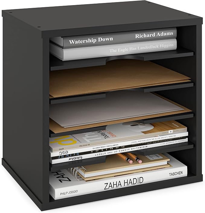 Ballucci 5-Tier File Organizer for Desk, Wooden Mail Sorter, Office Desk Organization, Paper Storage Organizers, Folder holder for desk, Letter Trays & Stacking Supports, Adjustable Shelves, Black