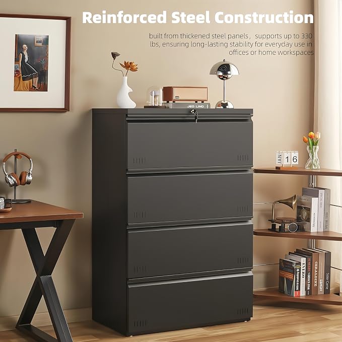 Guizeeopo Metal File Cabinet with Lock, 4 Drawer Lateral File Cabinets for Home Office, Heavy Duty Office Storage Cabinet for A4/Letter/Legal Size, Assembly Required(Black)