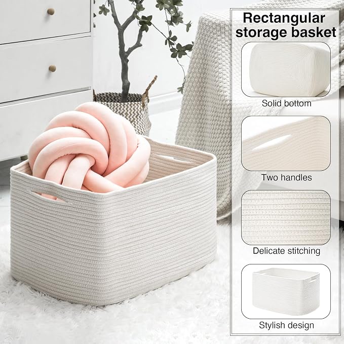 ICERZCZ Large Rectangle Blanket Basket, Large Storage Basket, Cotton Rope Woven Baskets for Storage with Handles, Toy Baskets for Baby Nursery Living Room Bedroom, 22”x17”x12”, White, 75L