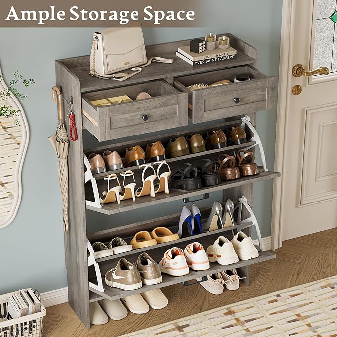 BORNOON Shoe Storage Cabinet for Entryway, Farmhouse Narrow Shoe Cabinet with 2 Flip Drawers & Top Drawers, Adjustable Shelves & Hooks, Freestanding Hidden Rack Organizer for Hallway, Foyer