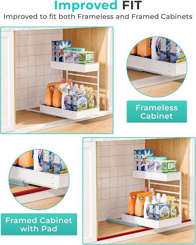 EVERIE Metal Pull Out Slide Shelf Organizer for Framed or Frameless Under Sink CabinetsOrganization in Kitchen, Bathroom, Counter, Cabinets (White, 1 Set)