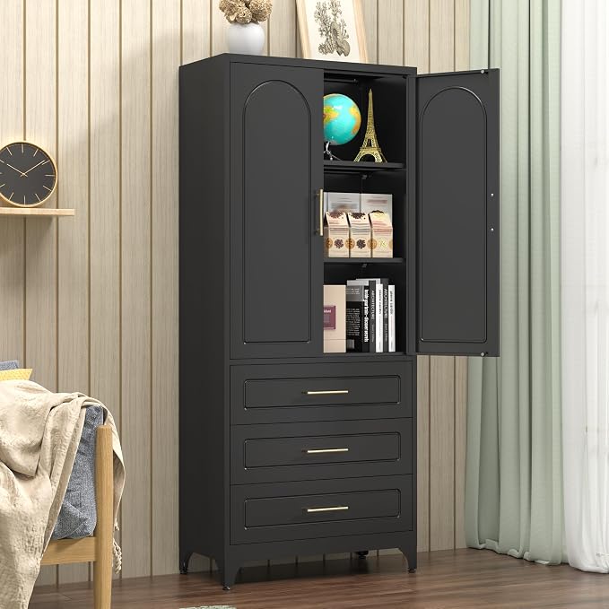 Polup 75" Tall Black Metal Pantry Storage Cabinet with 3 Drawers | Heavy-Duty Steel Kitchen Cabinet, 2 Adjustable Shelves & Magnetic Doors, Leveling Feet, for Dining Living Room, Laundry