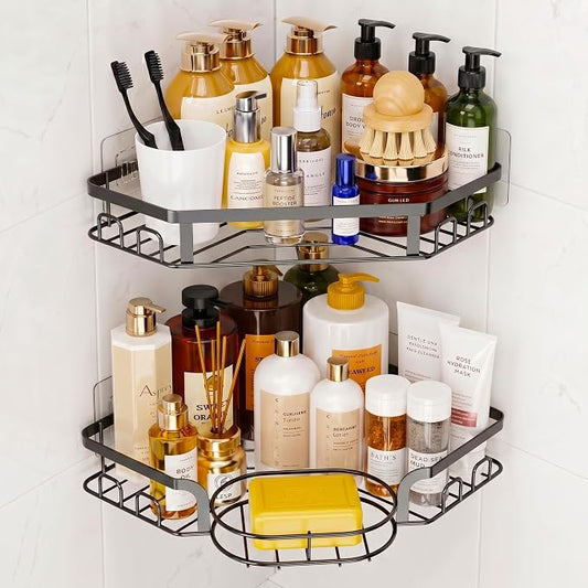 Corner Shower Caddy, Rustproof Shower Organizer with Soap Holder and 8 Hooks, No Drilling Adhesive Shower Shelves for Inside Shower, Large Capacity Shower Rack for Bathroom Shower Storage, X-Large