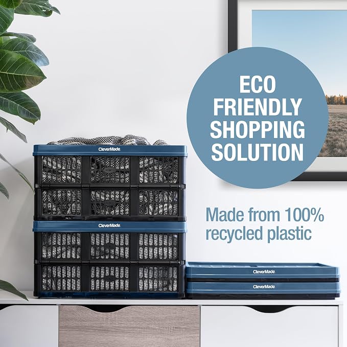 CleverMade Collapsible Utility Crates, 45L, 3 Pack, Obsidian | Interlocking crates stack open or folded and carry 66 lb each. Side handles make groceries, tools, and gear easier to move.
