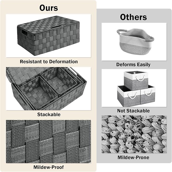 Storage Baskets with Lids: 5 Pack Stackable Woven Storage Bins, Grey | Decorative Woven Baskets for Organizing with Built-In Handles for Shelves, Closets, Cabinets and Cubbies, Gift Small Basket