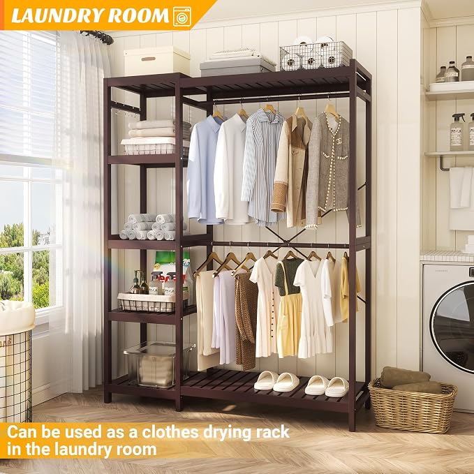 Bamboo Clothes Rack Garment Rack for Hanging Clothes, Heavy Duty Clothing Rack with 7 Tiers Adjustable Shelves, Double Rods, 4 Hooks, Freestanding Closet System Organizer Wardrobe, Espresso
