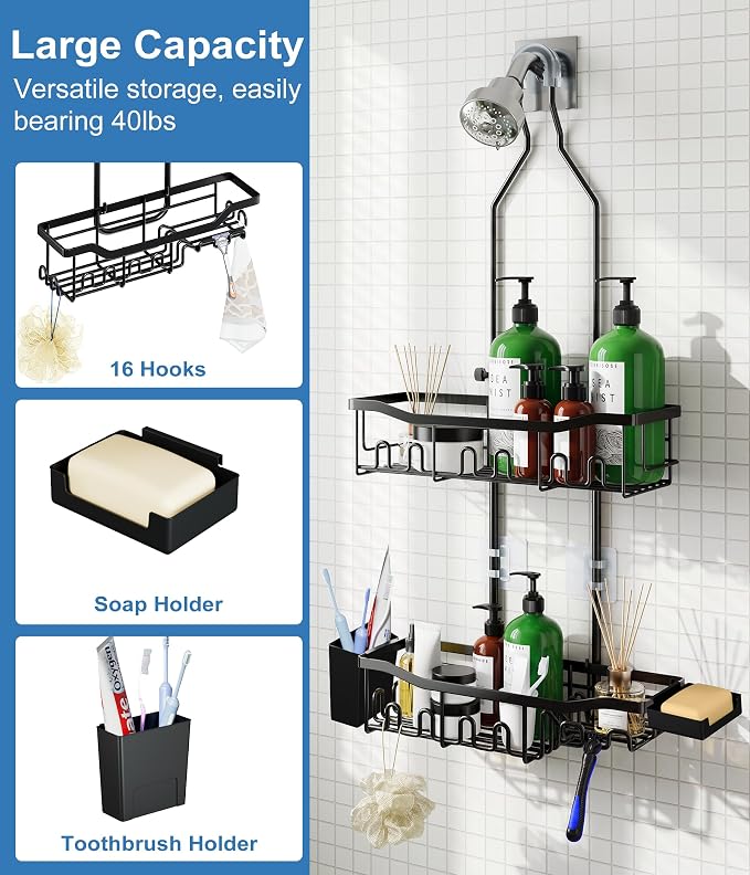 Upgraded Extended Length Shower Organizer with 16 Hooks, Rustproof Shampoo Soap Storage, Large Hanging Bathroom Caddy with Soap and Toothbrush Holder