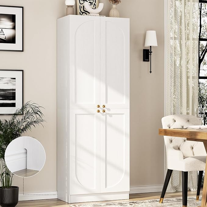 Cyclysio 80" Storage Cabinet, Tall Arched Bookcase with 4 Soft Close Doors, 6-Tier Wooden Pantry with Adjustable Shelves, Seamless Fit Wall for Home Office, Living Room, Kitchen (White)