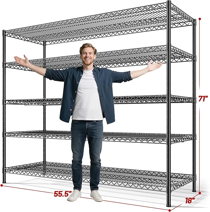 REIBII 55.5" W Storage Shelves 3200LBS Wire Shelving Unit 5 Tier Metal Shelving Garage Shelving 2PCS Heavy Duty Metal Shelves for Storage Rack Commercial Adjustable Pantry Shelf